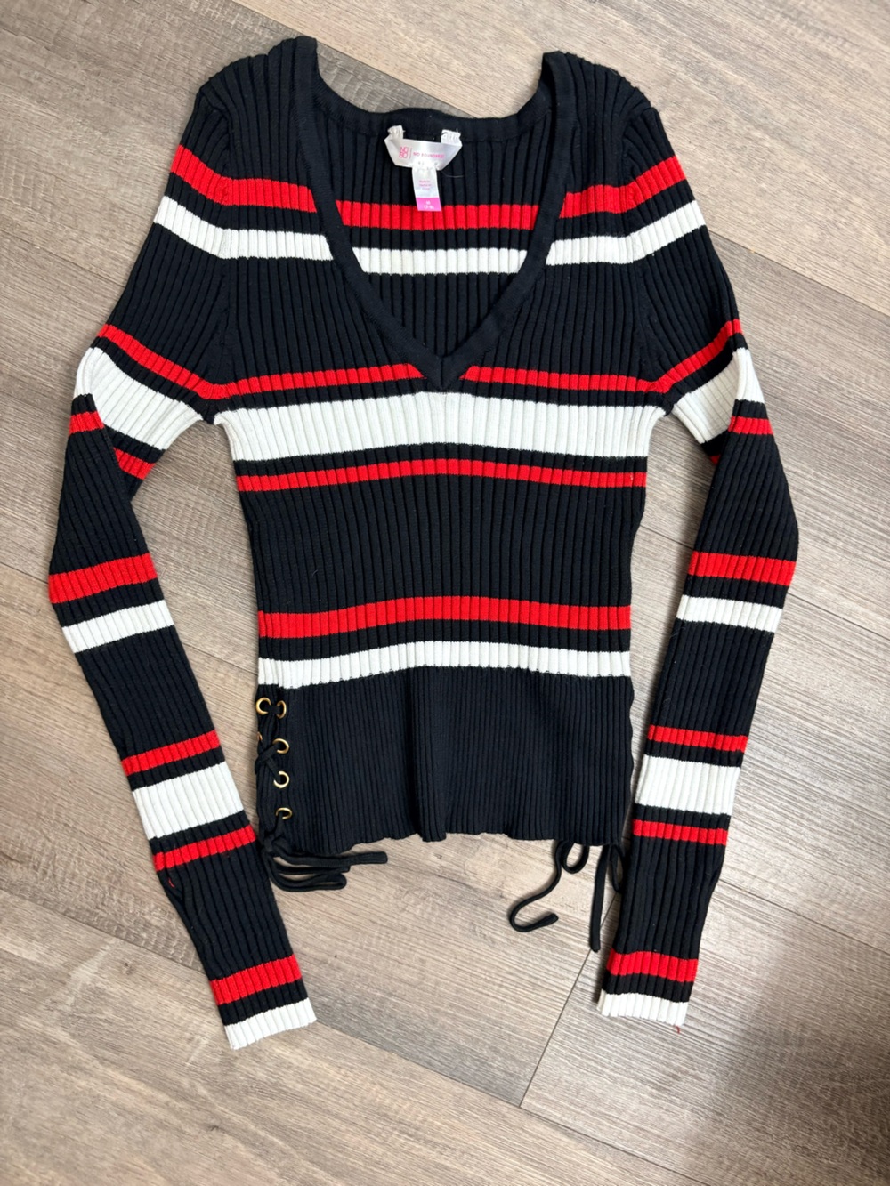 No Boundaries Black V-Neck Ribbed Sweater with Red and White Stripes